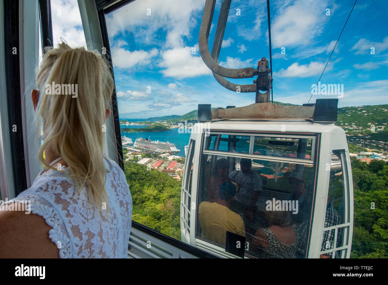 Skyride aerial tram gondolas, Charlotte Amalie, St. Thomas, US Virgin Islands. Stock Photo