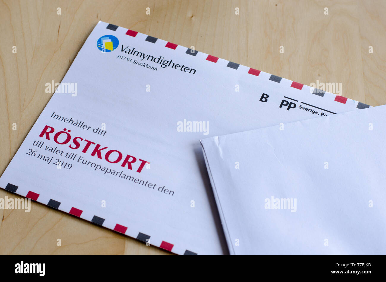 Stockholm, Sweden 6 May 2019. A voting card for the Swedish election to the European Parliament lying on the wooden table. Stock Photo