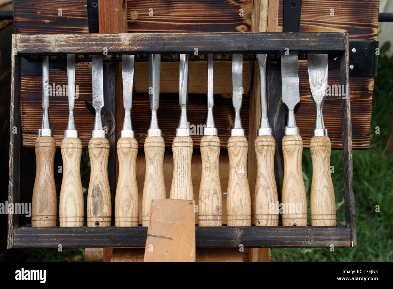 Carpentry tools, chisels of various thicknesses and shapes Stock Photo