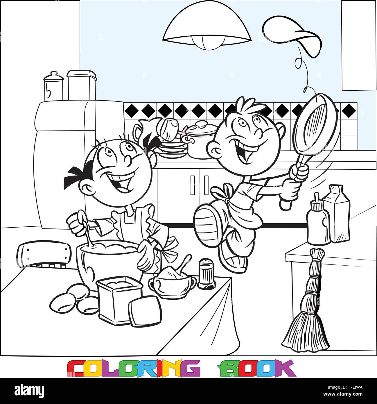 In vector illustration, cartoon girl and boy prepare food in the kitchen. Fun kids bake pancakes.  Is made a black outline for a coloring book. Stock Vector