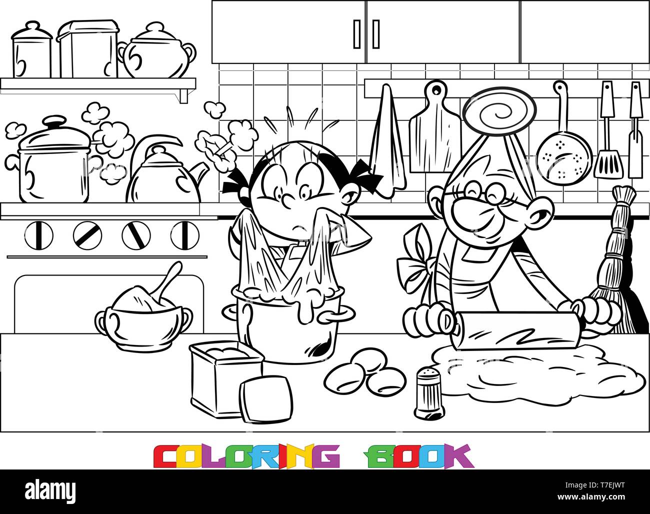 Little granddaughter helps an elderly grandmother to cook in the kitchen.She is learning to knead dough. Is made a black outline for a coloring book. Stock Vector
