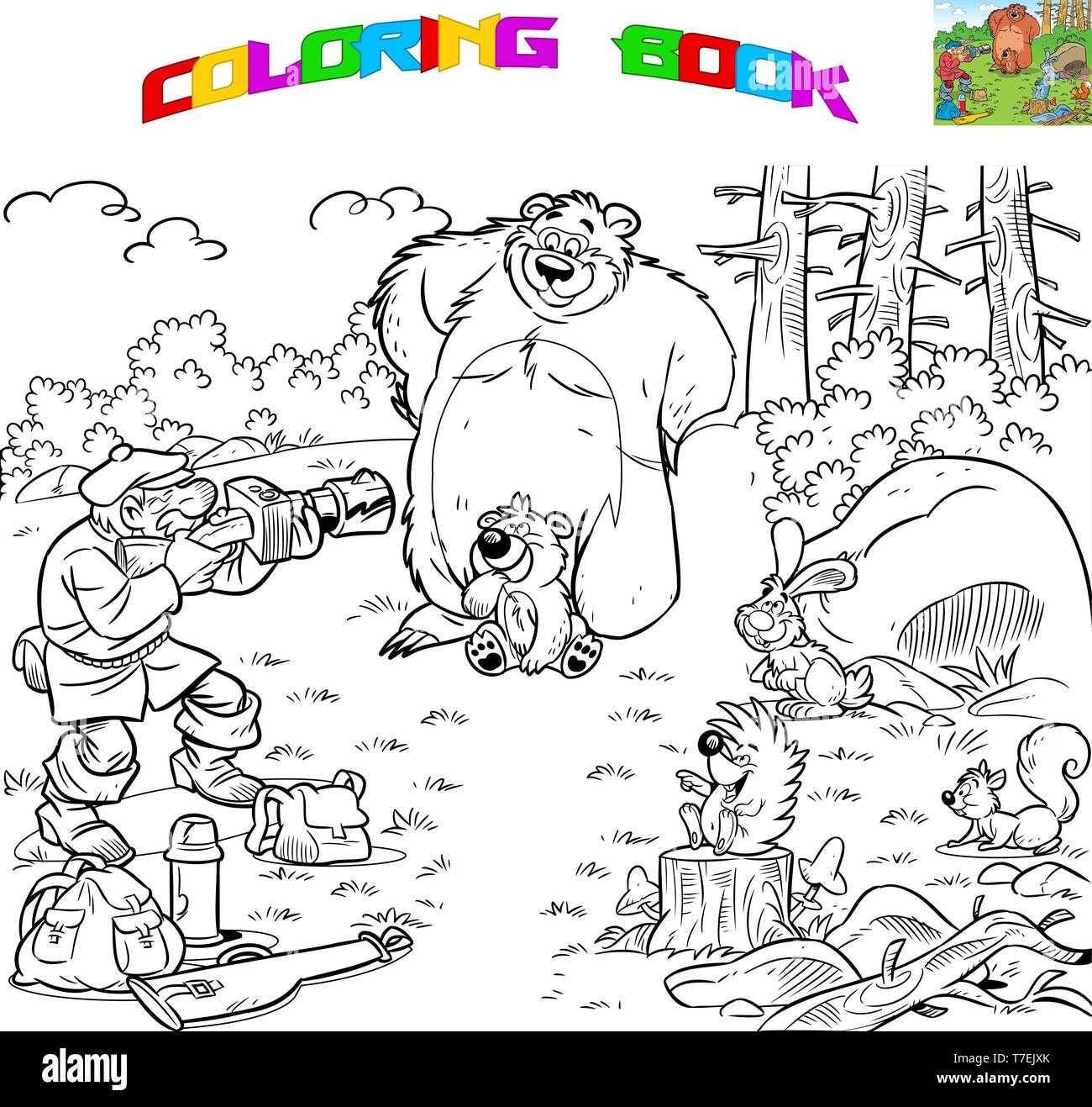The illustration shows a male tourist who is engaged in photo hunting. Is made a black outline for a coloring book Stock Vector