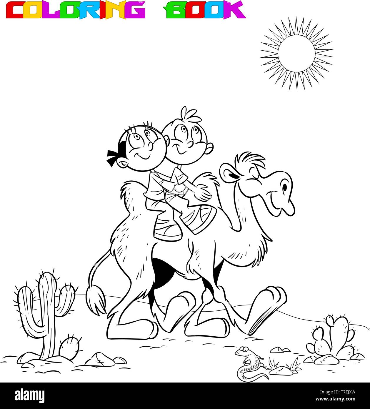 The illustration shows children, who ride on a camel. They travel through the desert. Is made a black outline for a coloring book. Stock Vector