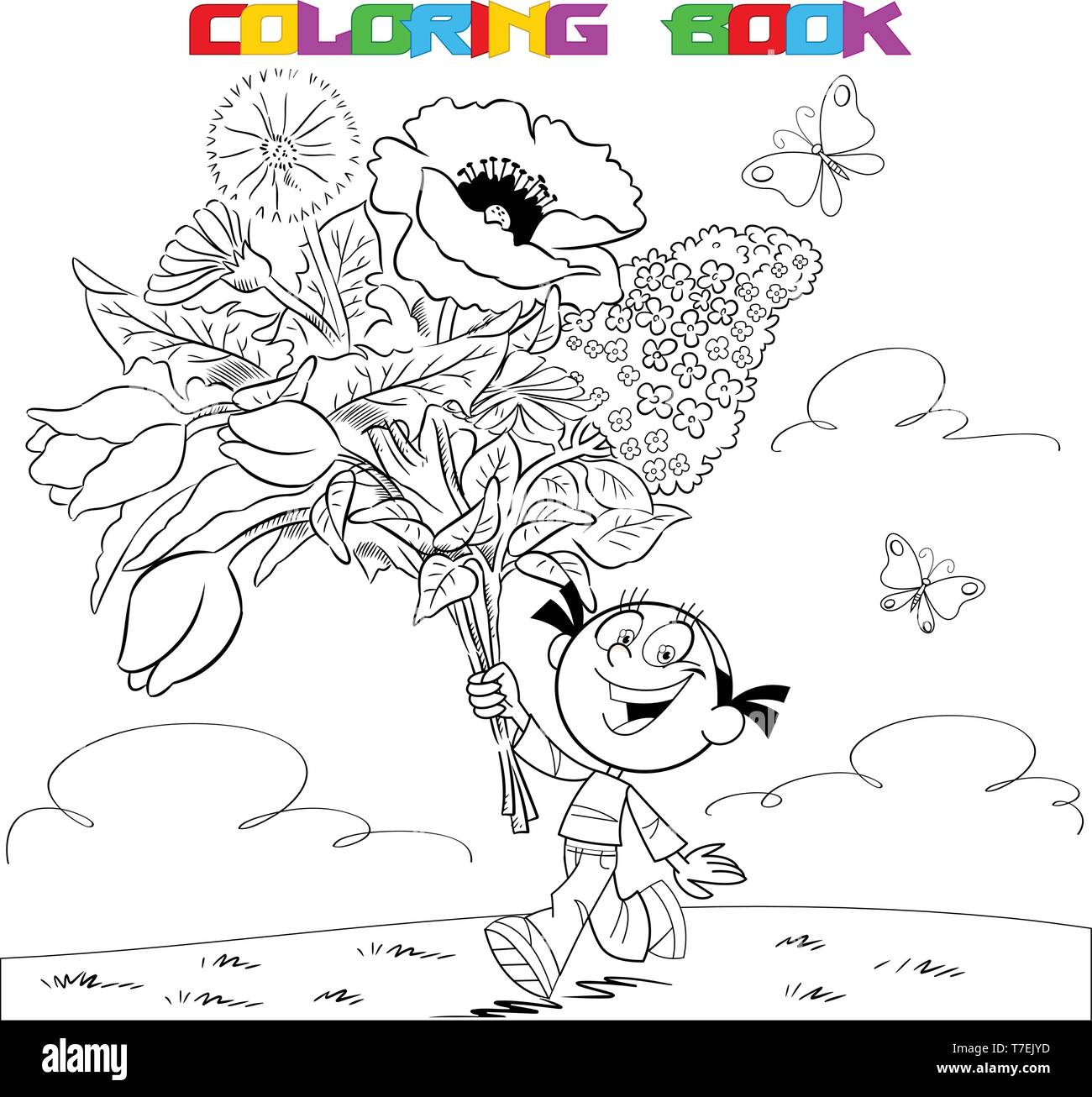 The illustration shows a cheerful girl. She runs across the grass with a bouquet of flowers. Is made a black outline for a coloring book. Stock Vector