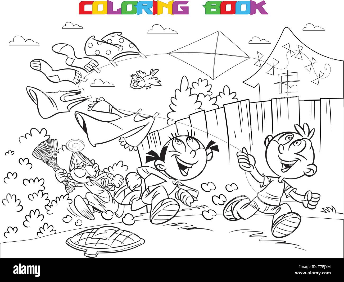 The illustration shows a boy and a girl on vacation in the countryside. They frolic and launch a kite.  Is made a black outline for a coloring book Stock Vector