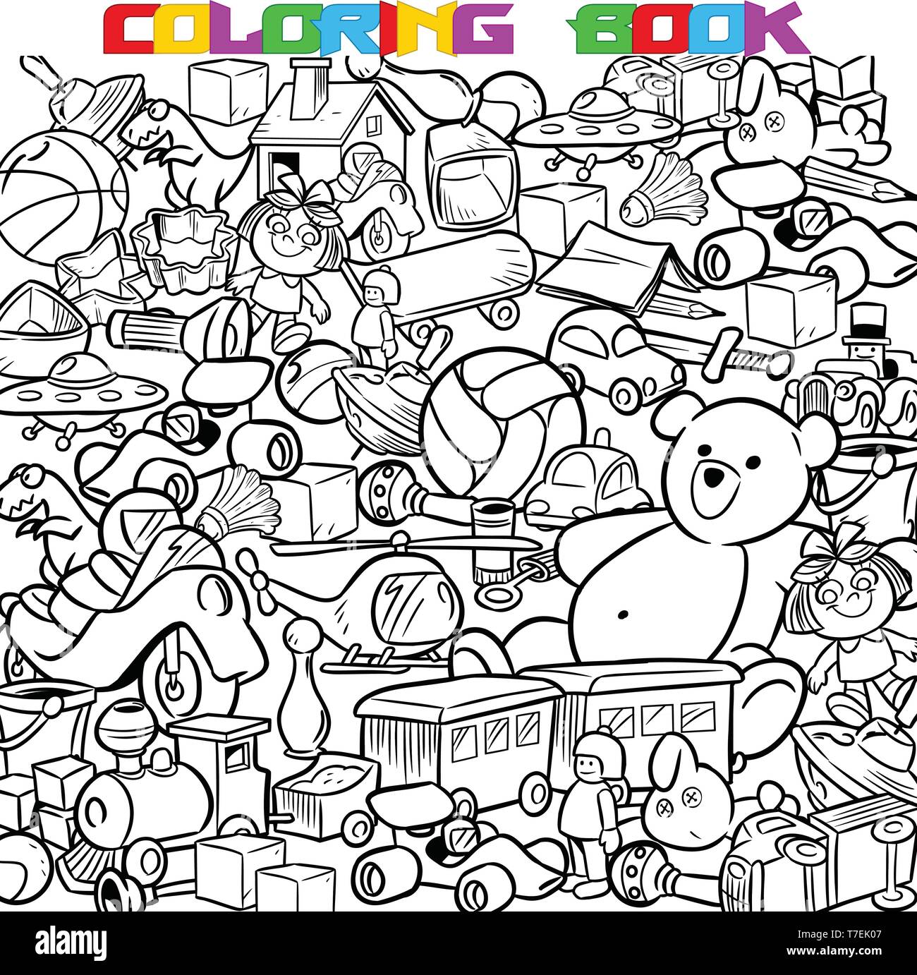 The illustration shows the big heap of colorful childrens toys. Is made a black outline for a coloring book. Stock Vector