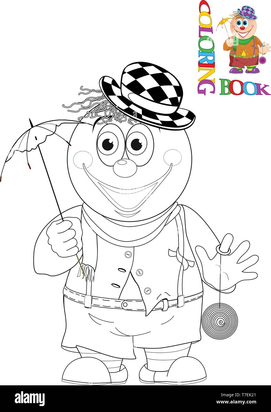 The illustration shows a funny cartoon clown with a umbrella in hand . Is made a black outline for a coloring book. Stock Vector