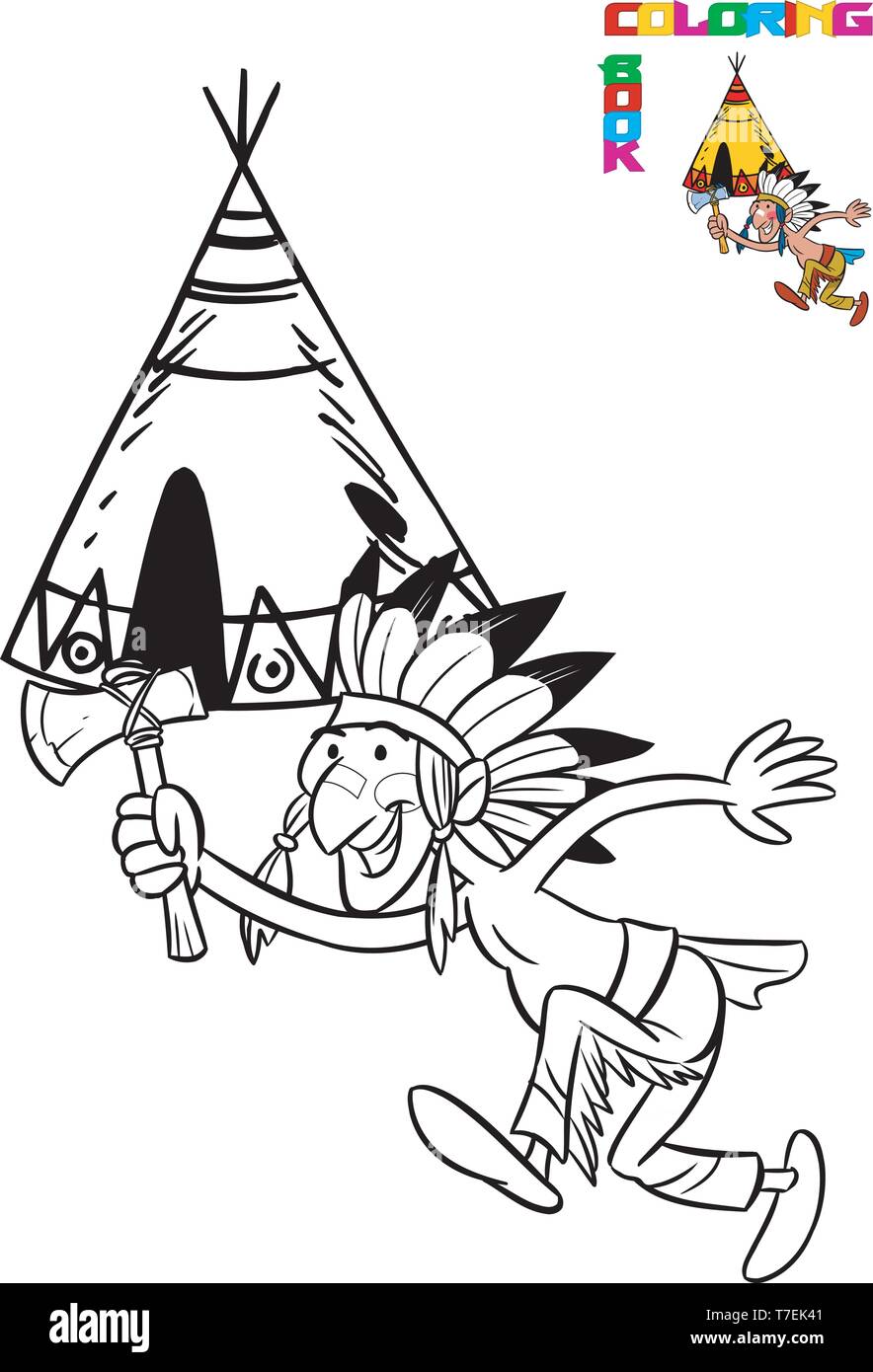 The illustration shows the cartoon Indian with ax in hand on the background of the wigwam. Illustration made in black outline for coloring book Stock Vector