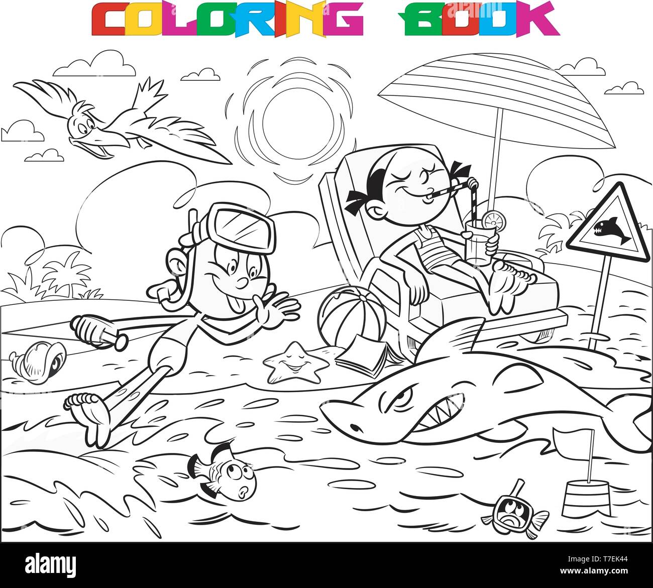 Children relaxing on the beach. Girl sunbathing in chaise lounge. She drinks juice. The boy has been diving. Black outline for a coloring book Stock Vector