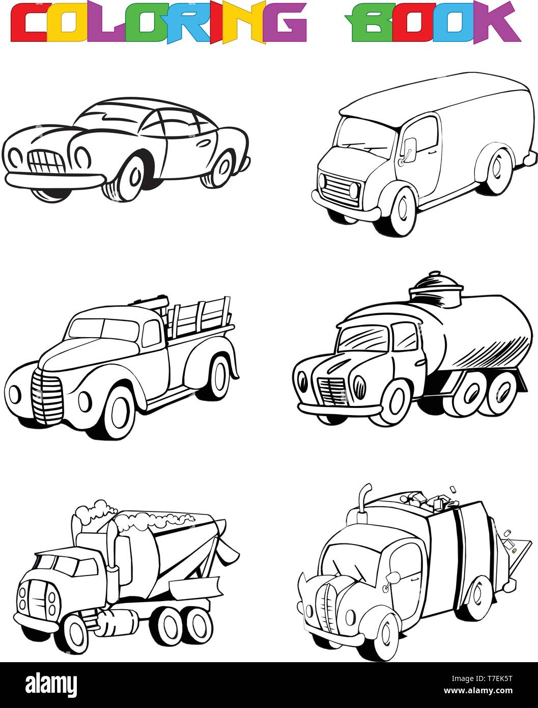A set of some types of cars and trucks. Is made a black outline for a coloring book. Illustration done in cartoon style on separate layers Stock Vector