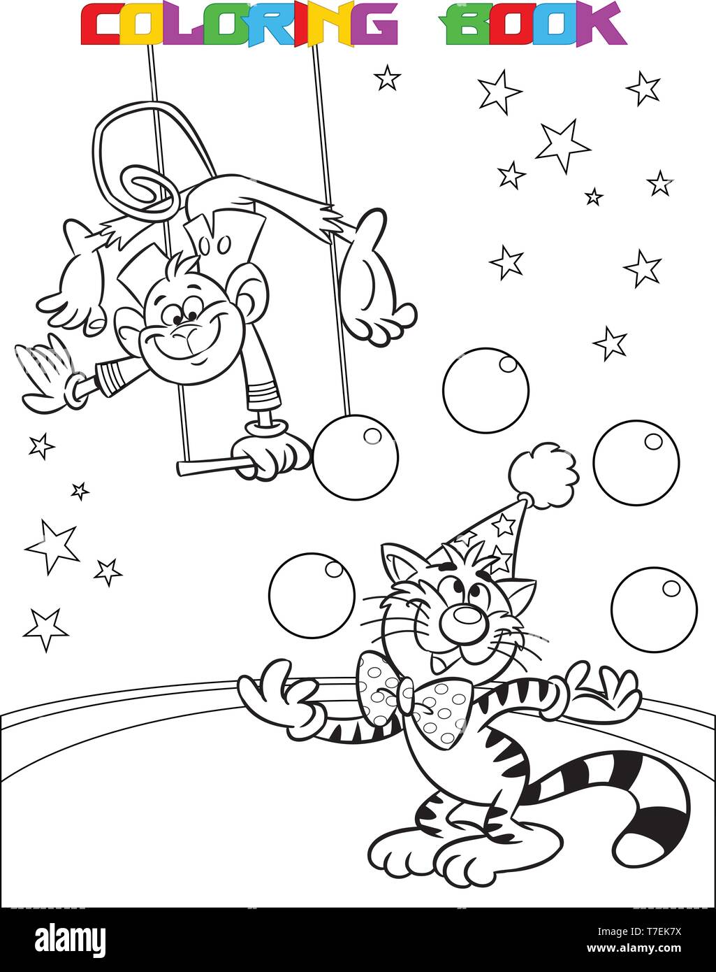 The illustration shows a monkey in a circus, which performs acrobatic on the swings. In the arena of cat shows the number with balls.  Is made a black Stock Vector