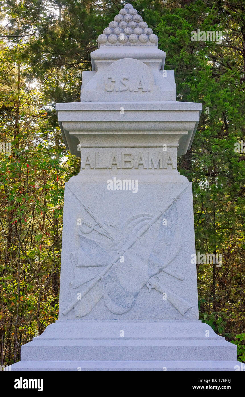 An Alabama memorial stands at Shiloh National Military Park, Sept. 21, 2016, in Shiloh, Tennessee. The park commemorates the Battle of Shiloh. Stock Photo