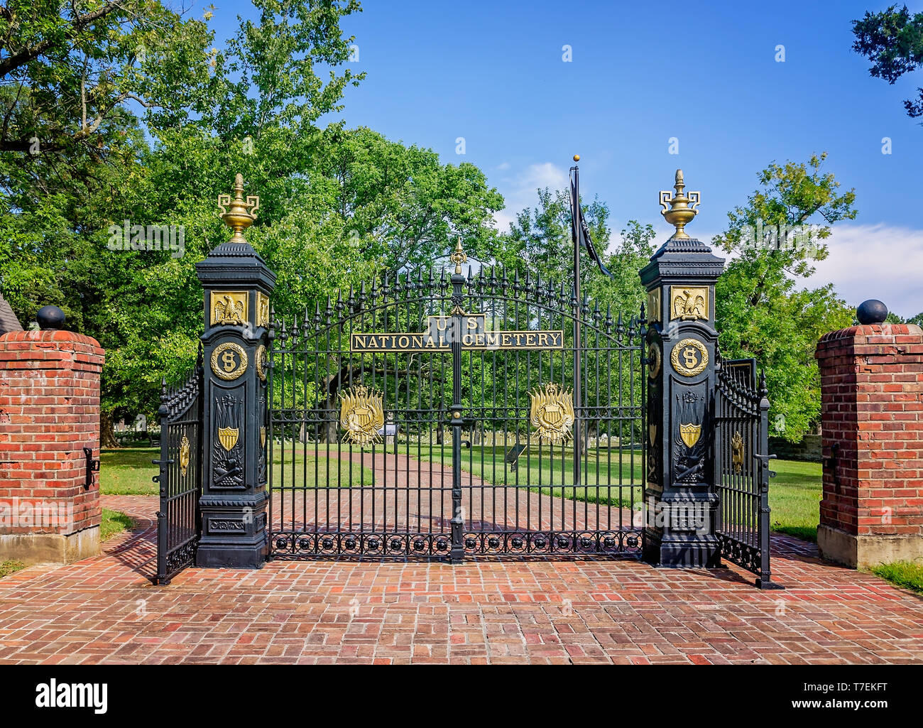 The Shiloh National Cemetery is protected by a large iron gate at Shiloh National Military Park, Sept. 21, 2016, in Shiloh, Tennessee. Stock Photo