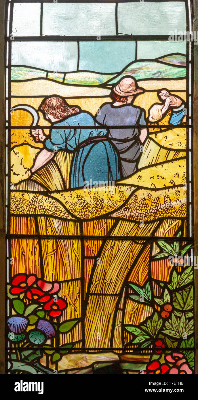 Stained glass window church of Saint Mary, Martlesham, Suffolk, England, UK by Walter J Pearce in Arts and Craft style, 1903 Sowers and Reapers Stock Photo