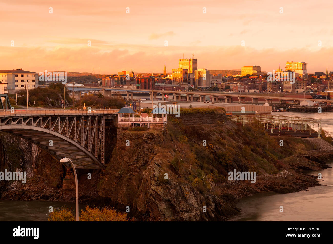 The Reversing Falls Lookout Point with the Saint John skyline in the distance in Saint John, New Brunswick, Canada. Stock Photo