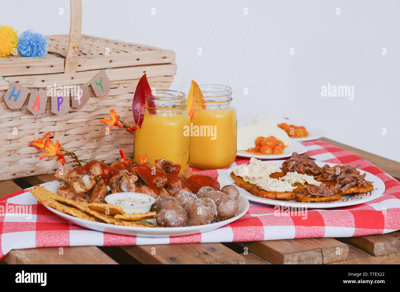 Food and drinks picnic on rustic wooden table with checkered tablecloth  Stock Photo - Alamy