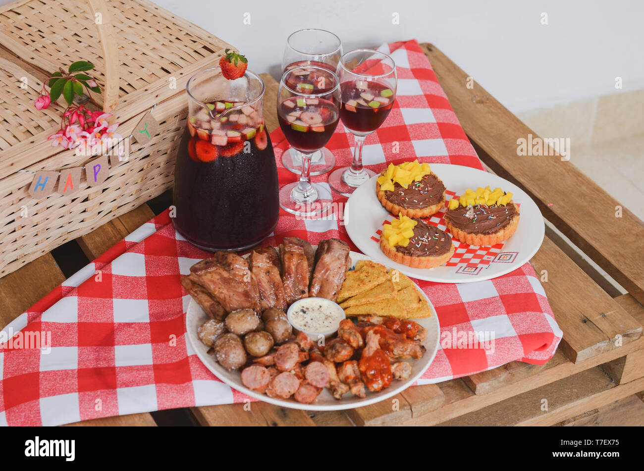 Food and drinks picnic on rustic wooden table with checkered tablecloth  Stock Photo - Alamy