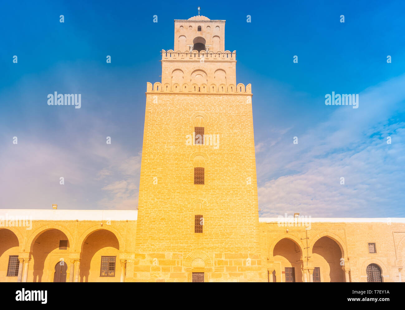 Ancient Great Mosque in Kairouan in Sahara Desert, Tunisia, Africa. An important destination in Tunisia and Northern Africa. Stock Photo