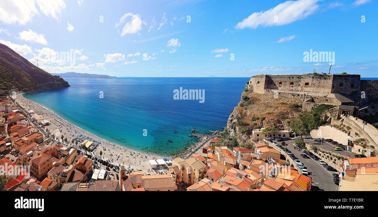 Panorama with beautiful beaches and old castle of medieval town of Scilla in Calabria, Italy. Italian summer travel holiday. Stock Photo