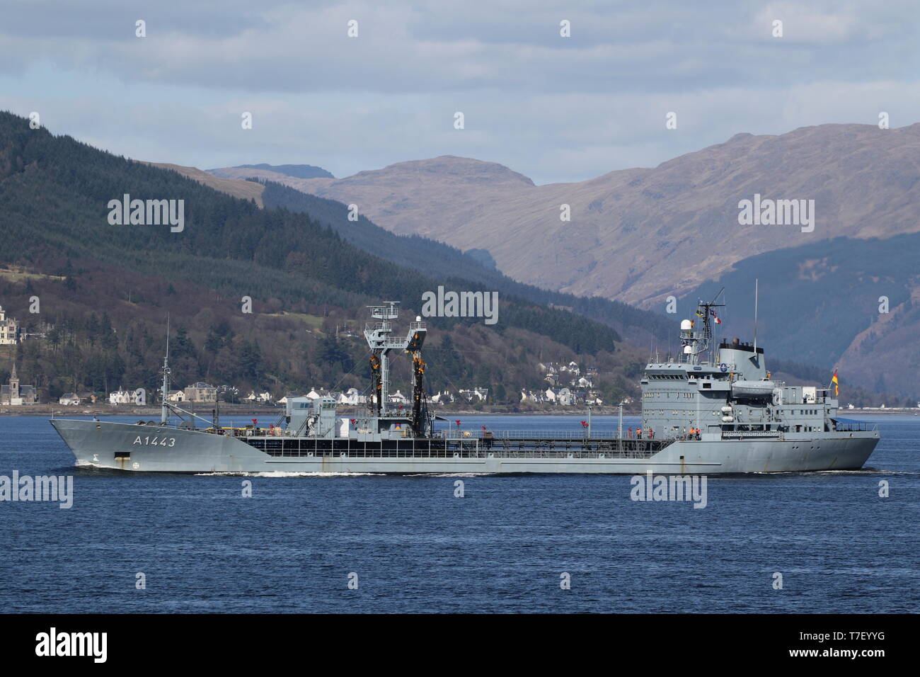 FGS Rhön (A1443), a Rhön-class (or Type 704A) tanker operated by the German Navy, passing Gourock at the start of Exercise Joint Warrior 19-1. Stock Photo