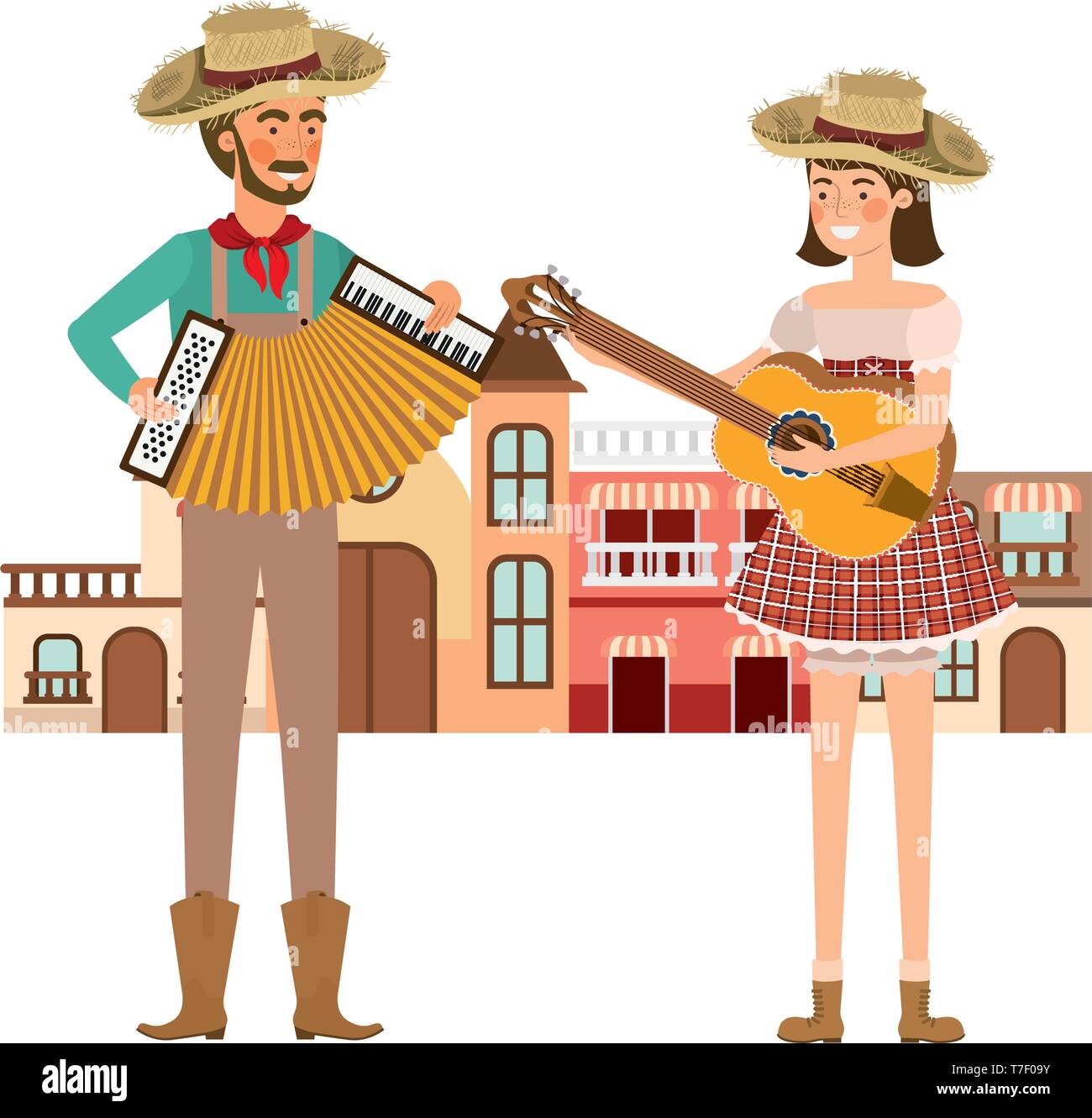couple farmers with background houses Stock Vector Image & Art - Alamy