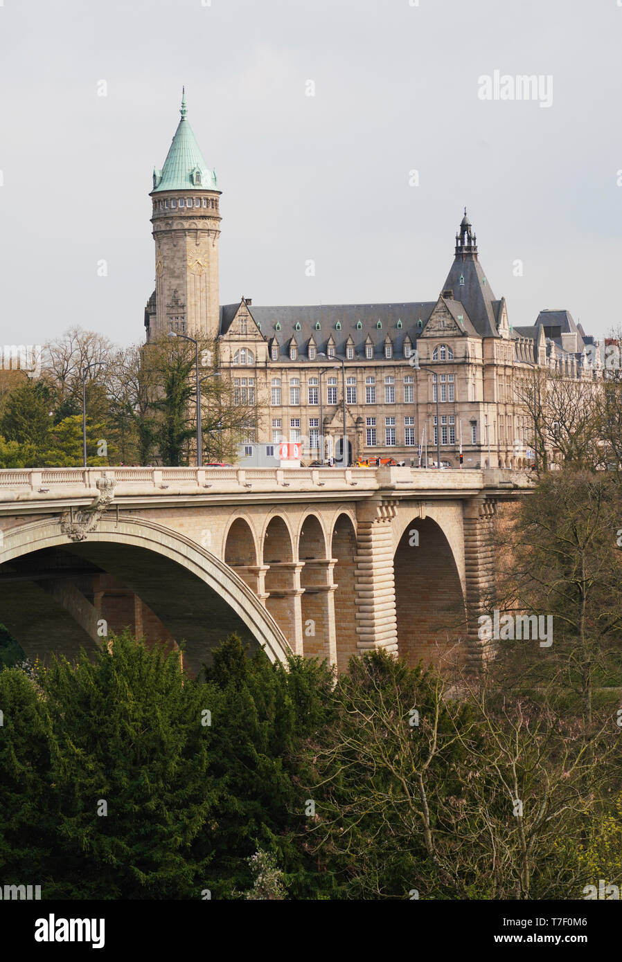 Musee de la Banque and Pont Adolphe in Luxembourg Stock Photo