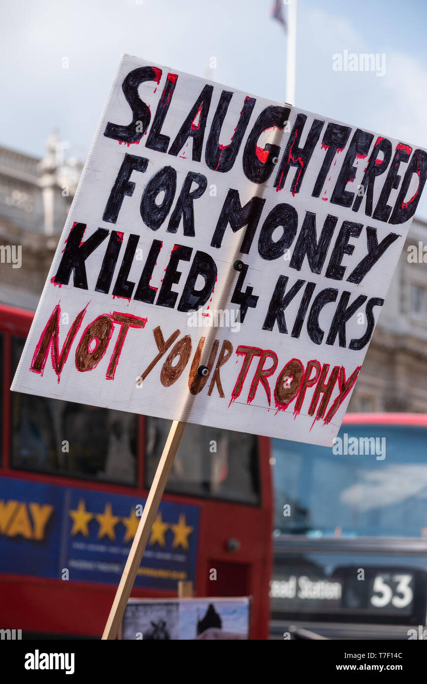 The London March Against Trophy Hunting and Extinction gathered at Cavendish Square and marched through Central London to Downing Street. Stock Photo