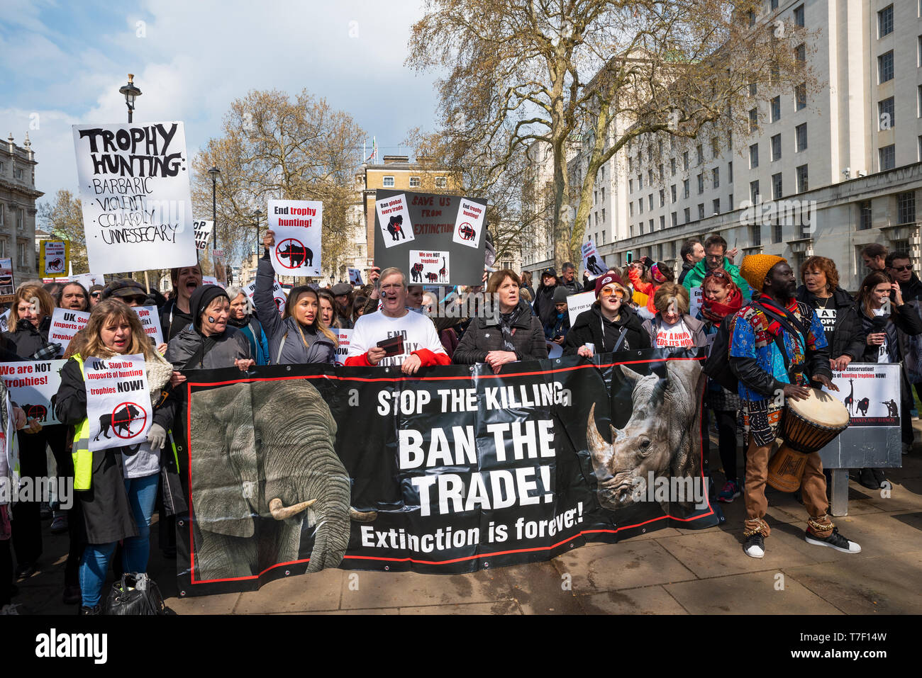The London March Against Trophy Hunting and Extinction gathered at Cavendish Square and marched through Central London to Downing Street. Stock Photo