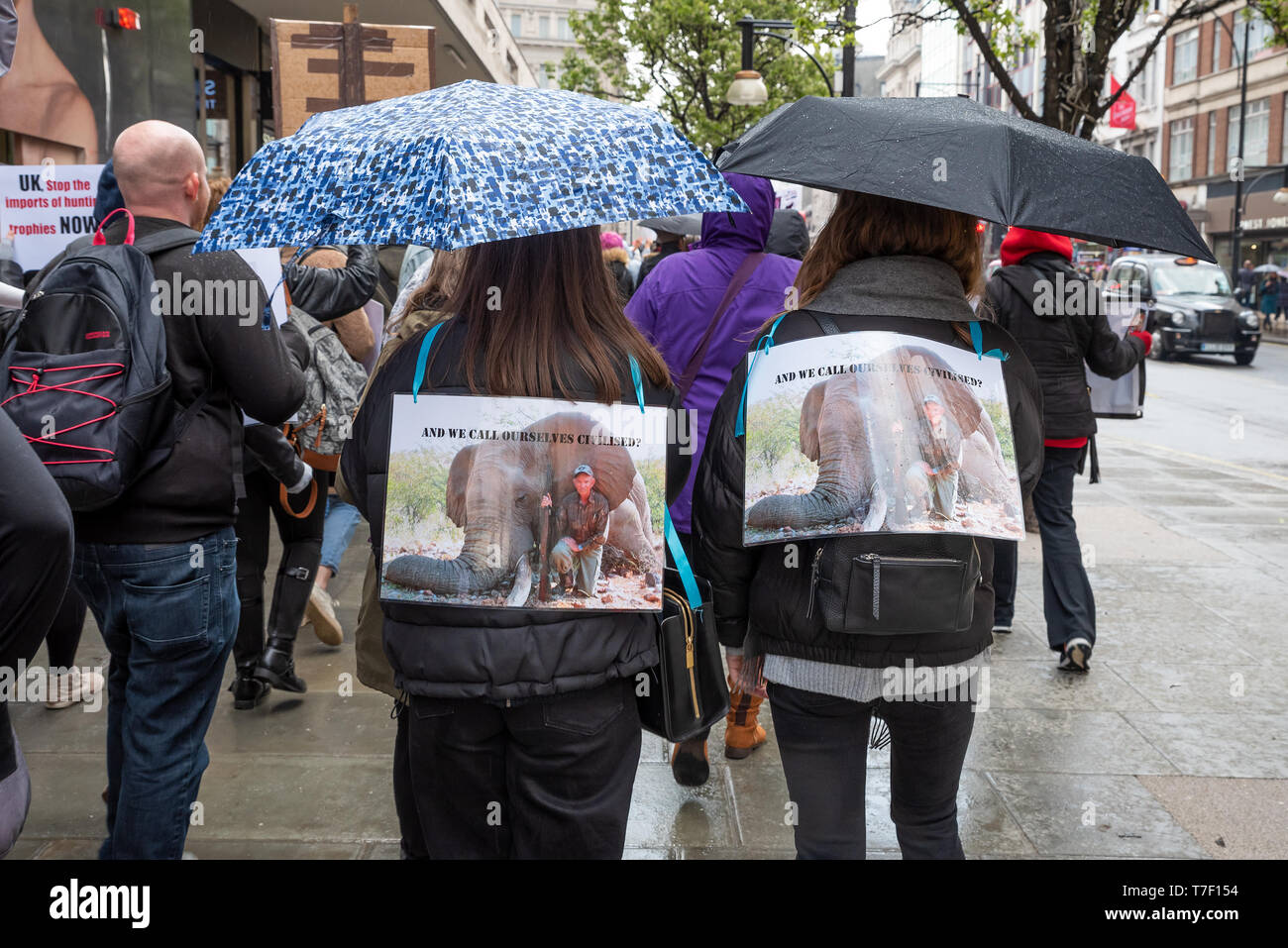 The London March Against Trophy Hunting and Extinction gathered at Cavendish Square and marched through Central London to Downing Street. Stock Photo