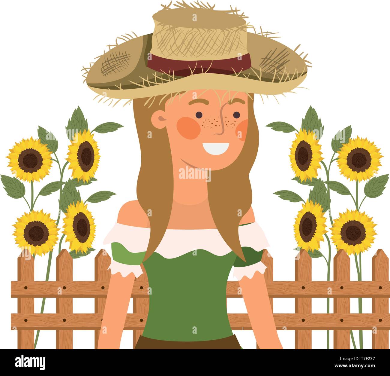 farmer woman with straw hat and sunflowers Stock Vector Image & Art - Alamy
