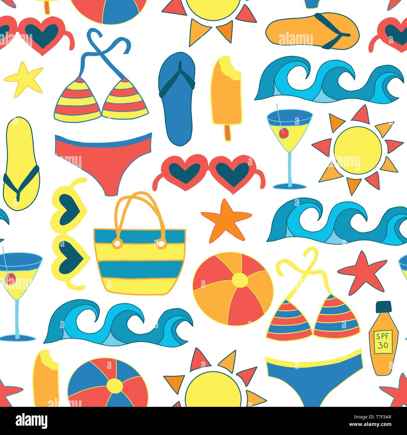 Summer Sunbathing Beach items flat seamless vector background Stock Vector