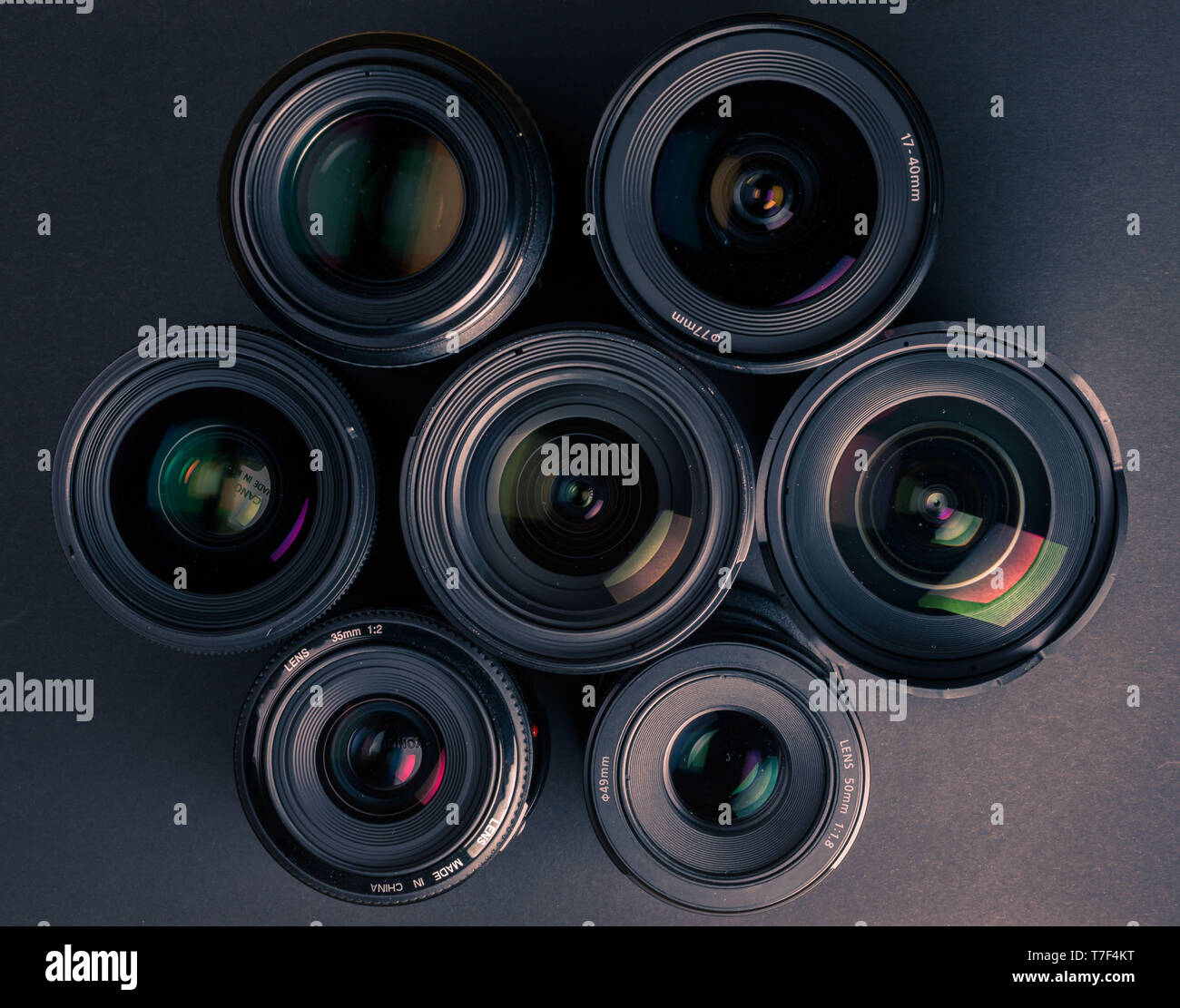 Set of various DSLR lenses with colorful reflections Stock Photo Alamy