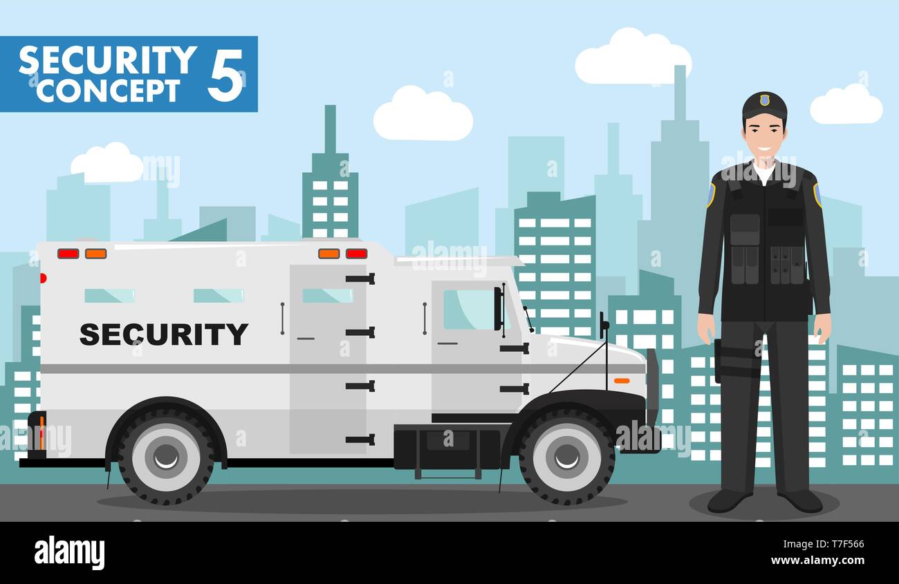 Security concept. Detailed illustration of armored car and security guard on background with cityscape in flat style. Vector illustration. Stock Vector