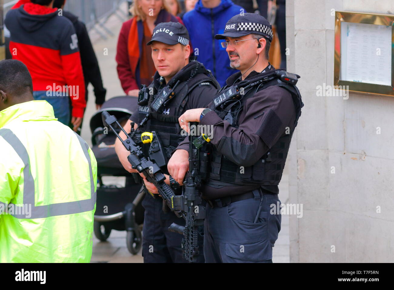 Armed police officers on duty during Stage 4 of Tour De Yorkshire 2019 ...