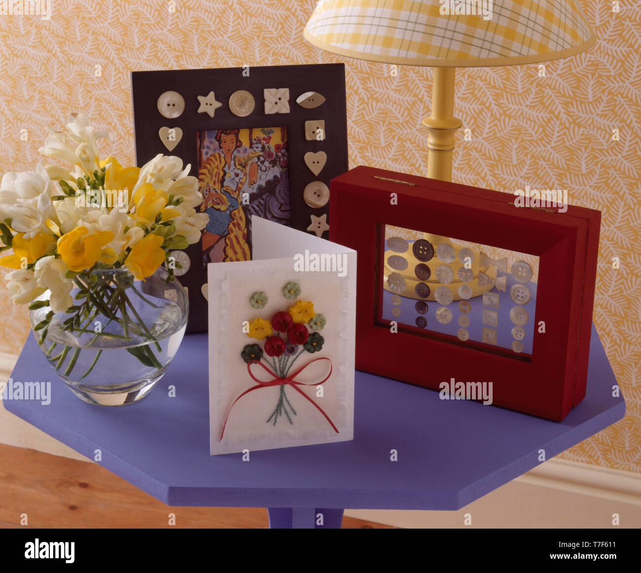 Greetings card and picture frames decorated with buttons Stock Photo