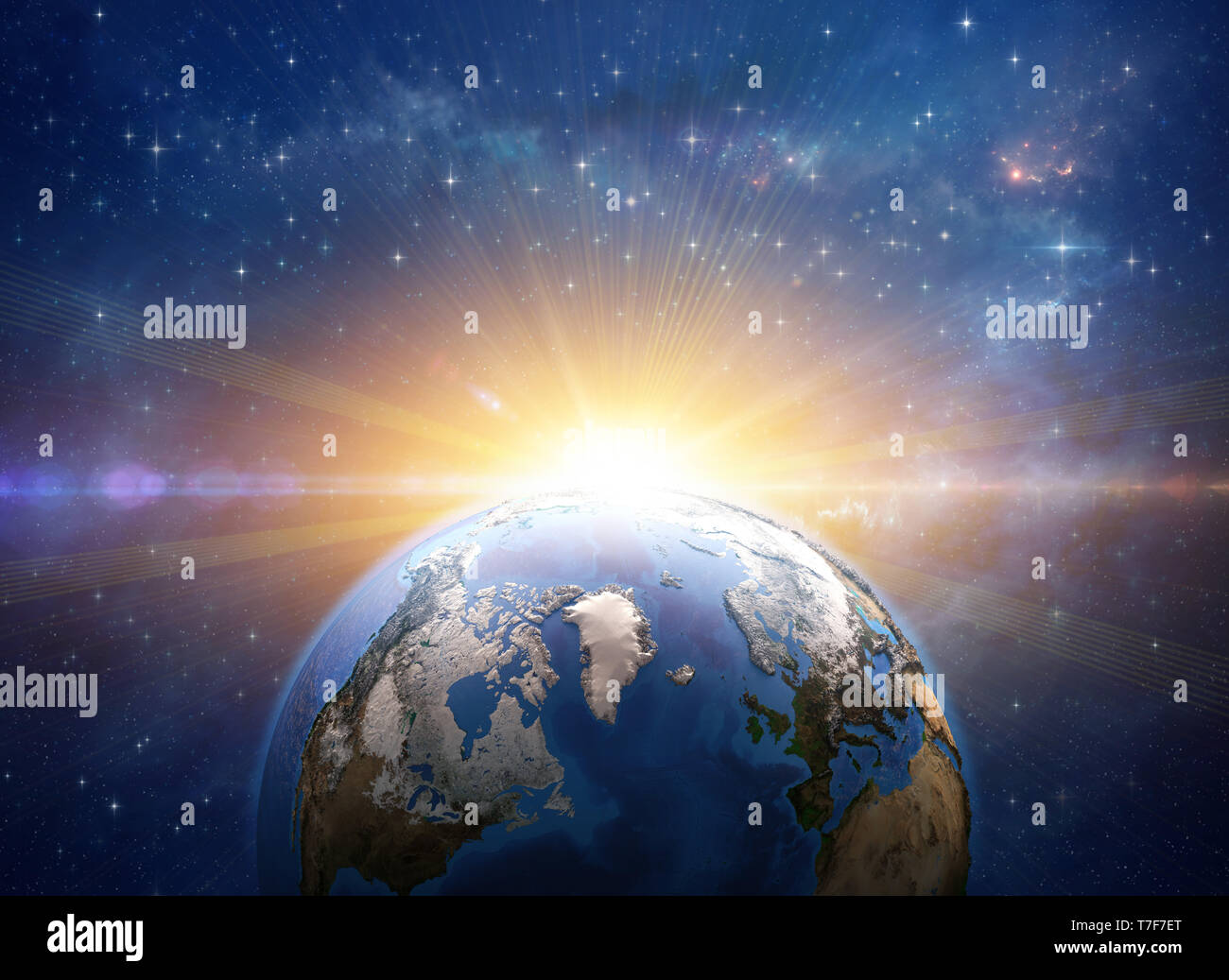 Sun rising over Greenland and Arctic from space. Giant meteor explosion on planet Earth. Global warming concept. 3D illustration - Elements of this im Stock Photo