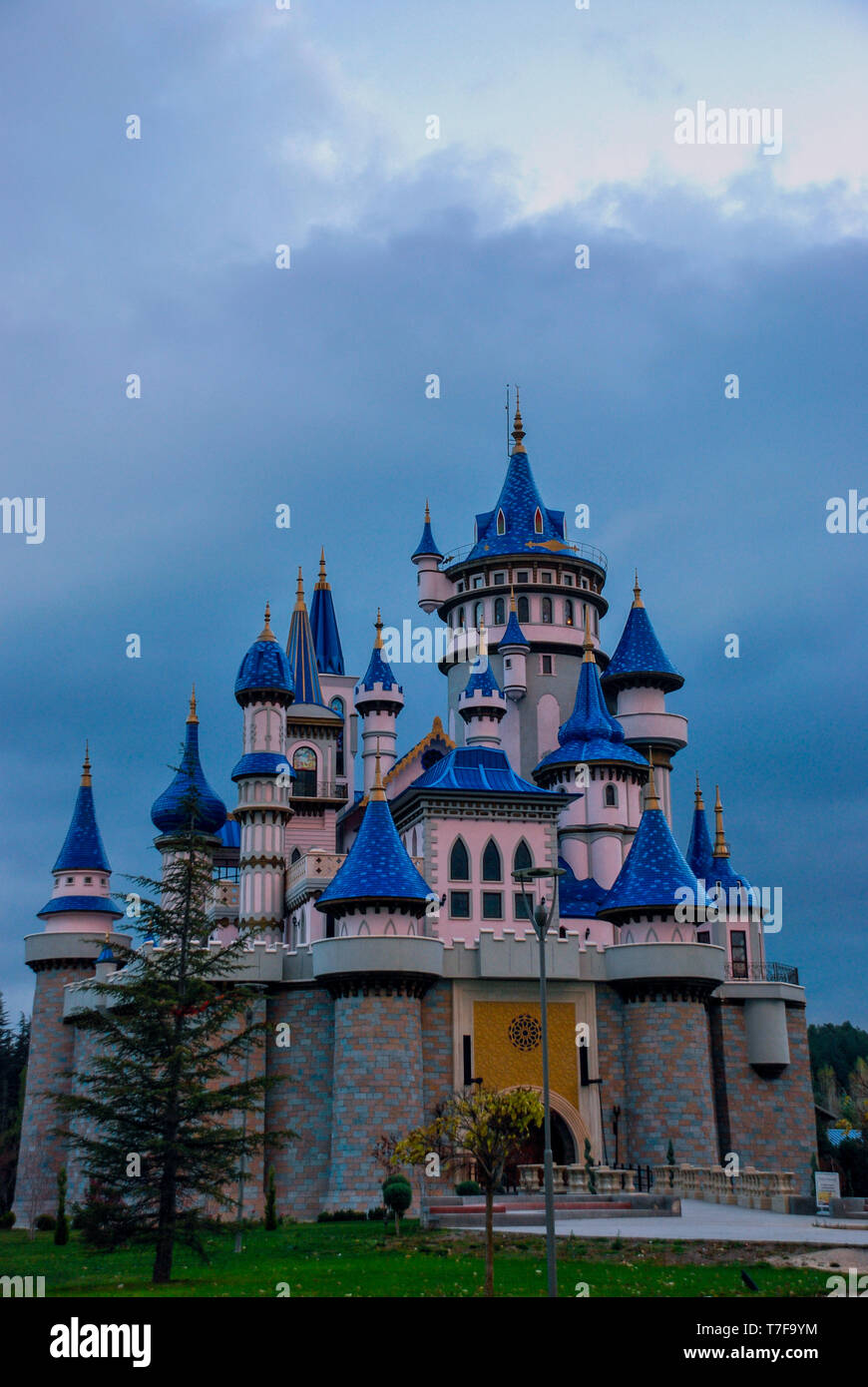 Eskisehir Sazova Fairy Castle on a cloudy day front view Stock Photo