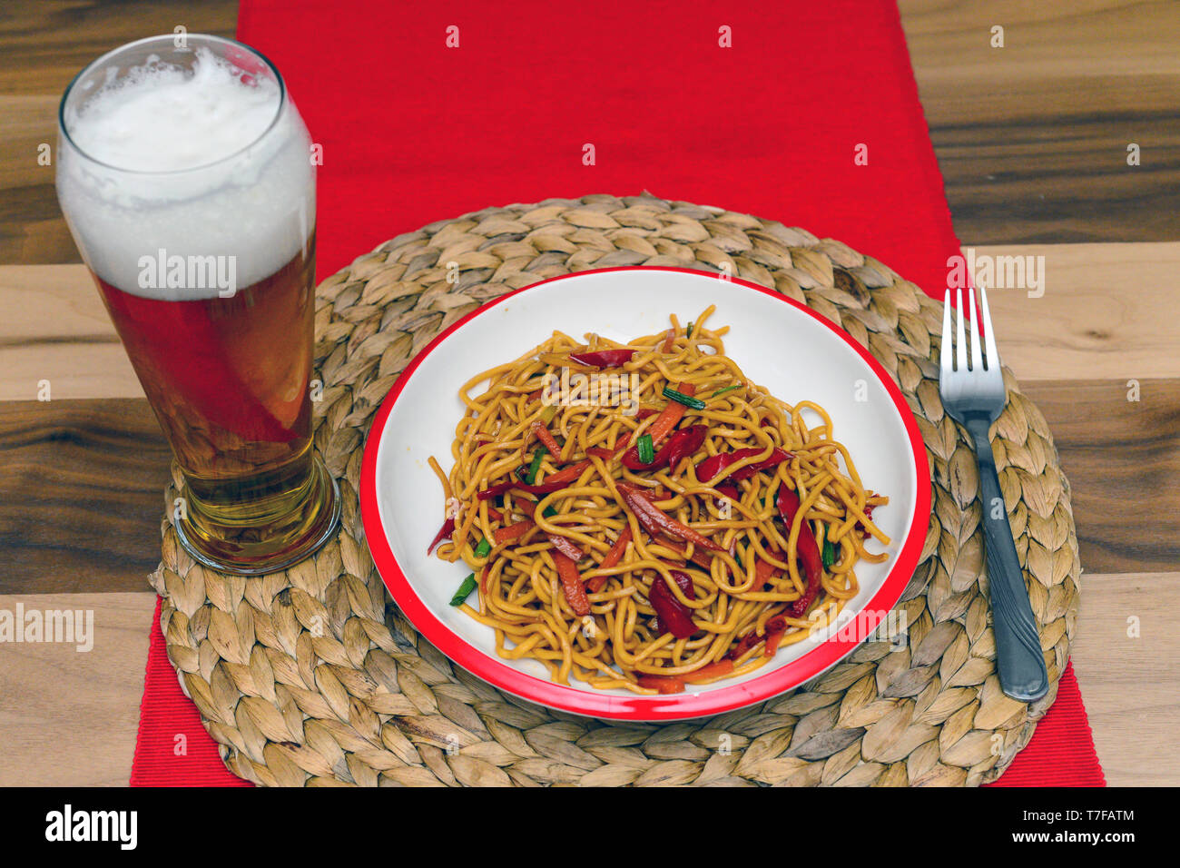 Chinese noodle and beer prepared at home close up Stock Photo Alamy