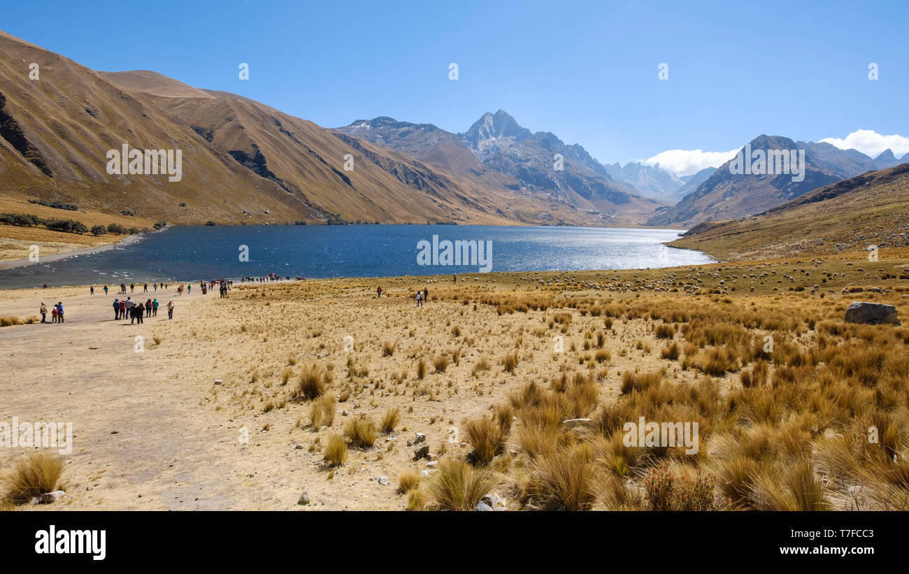 Lake Querococha is a regular stop on the way from Huaraz to Chavin de  Huantar Ruins, Ancash Region, Peru. It is said that looks like the map of  Peru Stock Photo -