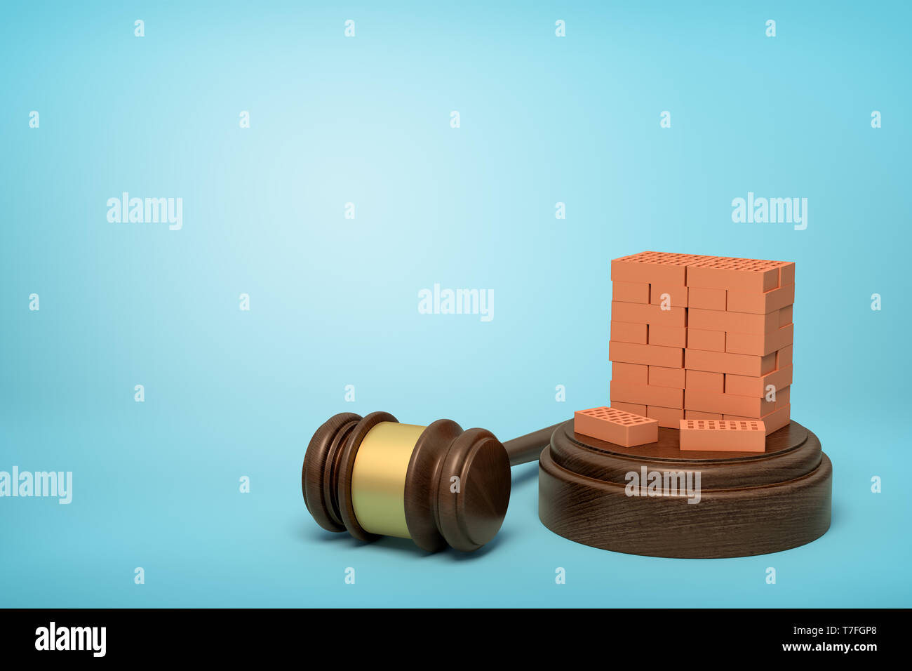 3d rendering of miniatured stack of red bricks on sounding block with gavel lying beside on light-blue background with copy space. Stock Photo