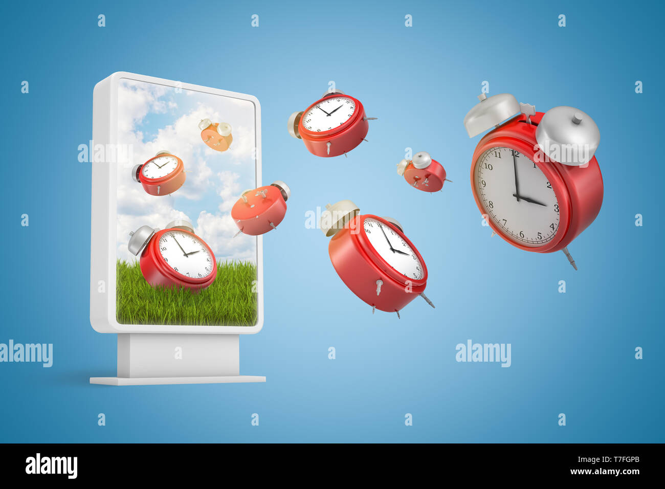 3d rendering of many red alarm clocks flying out from information display screen on gradient blue background. Stock Photo