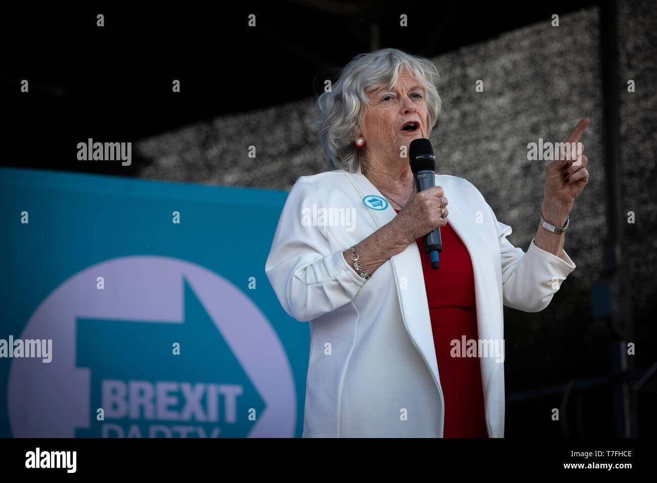 Former Conservative party government minister Ann Widdecombe speaking on stage at a Brexit Party event in Chester, Cheshire. The keynote speech was given by the Brexit Party leader Nigel Farage MEP. The event was attended by around 300 people and was one of the first since the formation of the Brexit Party by Nigel Farage in Spring 2019. Stock Photo