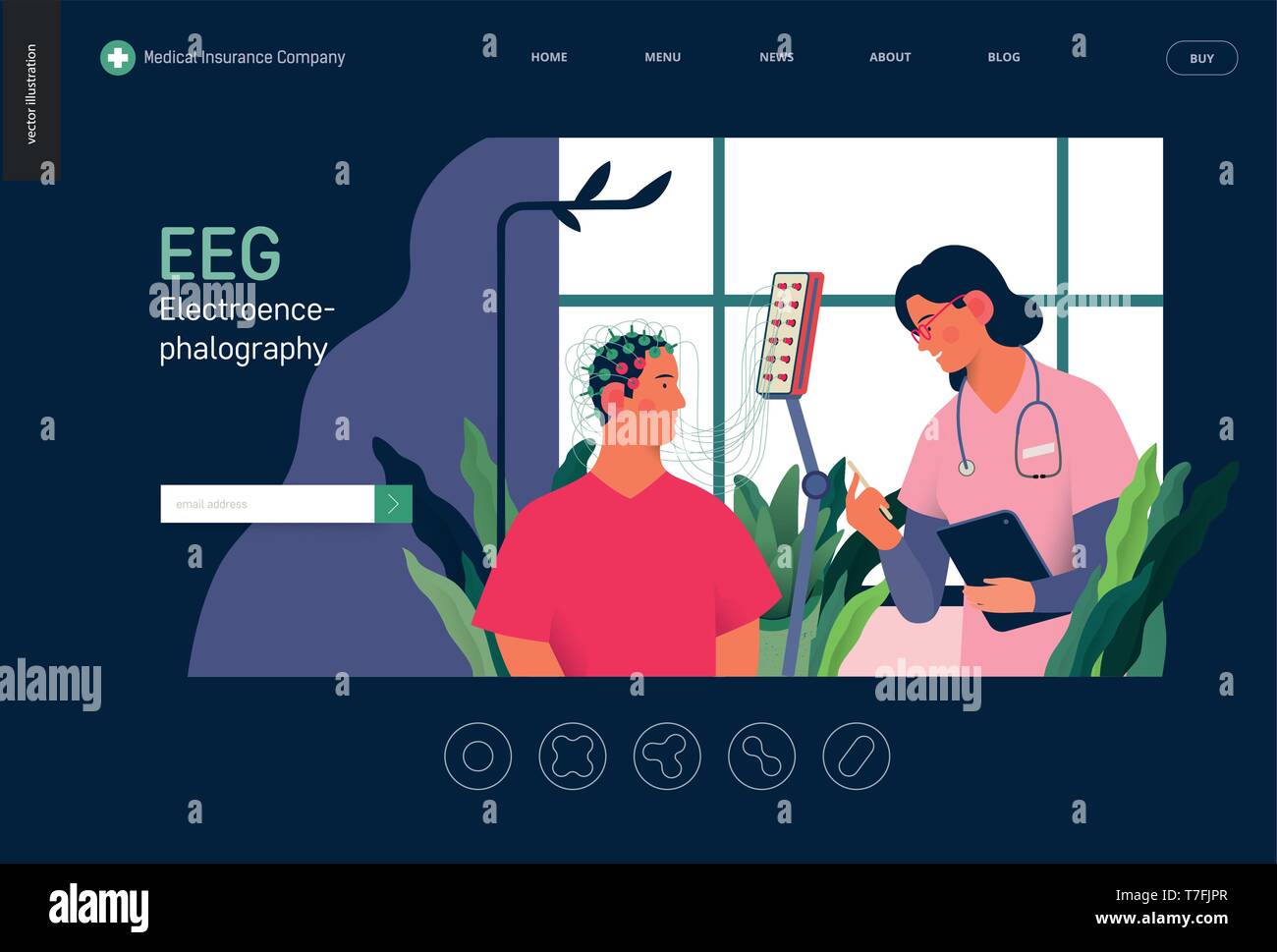 Medical tests template - EEG - electroencephalography - modern flat vector concept digital illustration of encephalography procedure - a patient with  Stock Vector