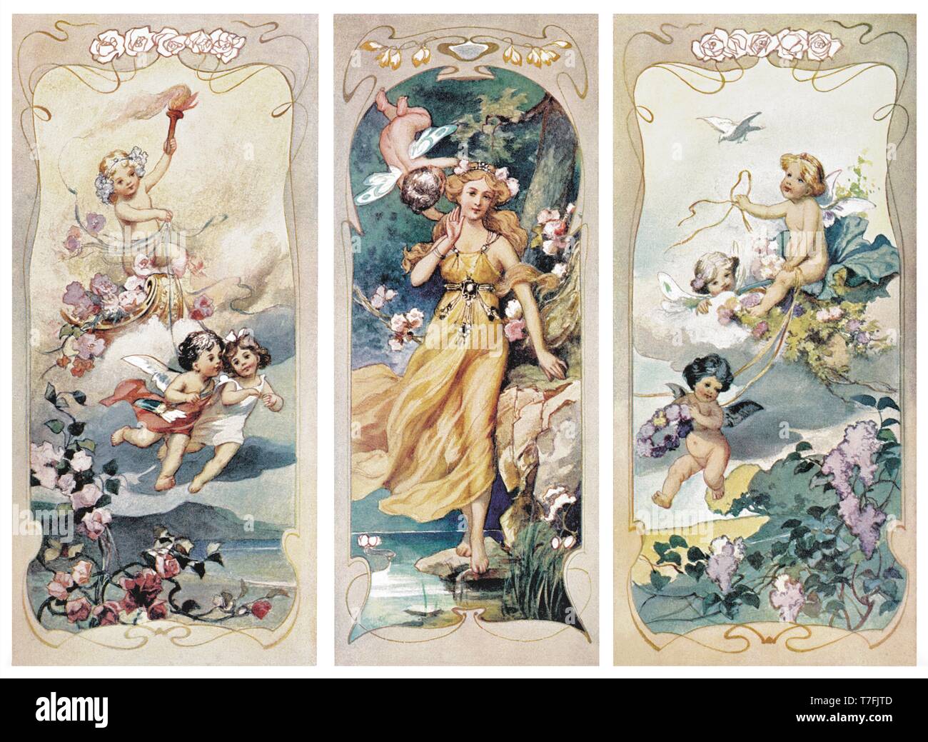 Painting: Panels with cupids, young girl, landscapes - Vintage Illustration by Figurative Paintings 1910 Stock Photo