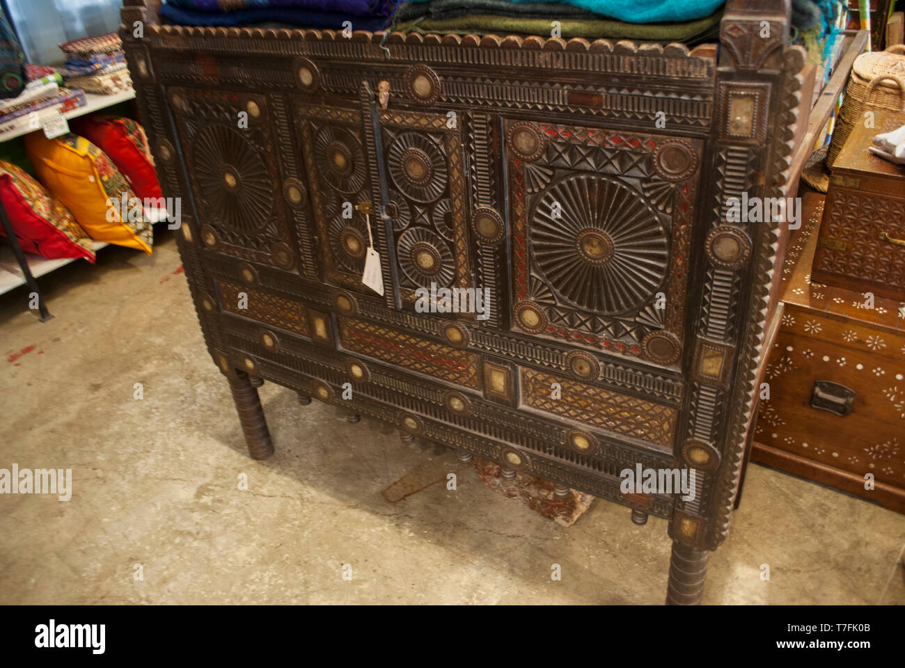 Antique furniture. Retro interior. Home design eastern style.Handmade traditional wooden furniture Stock Photo