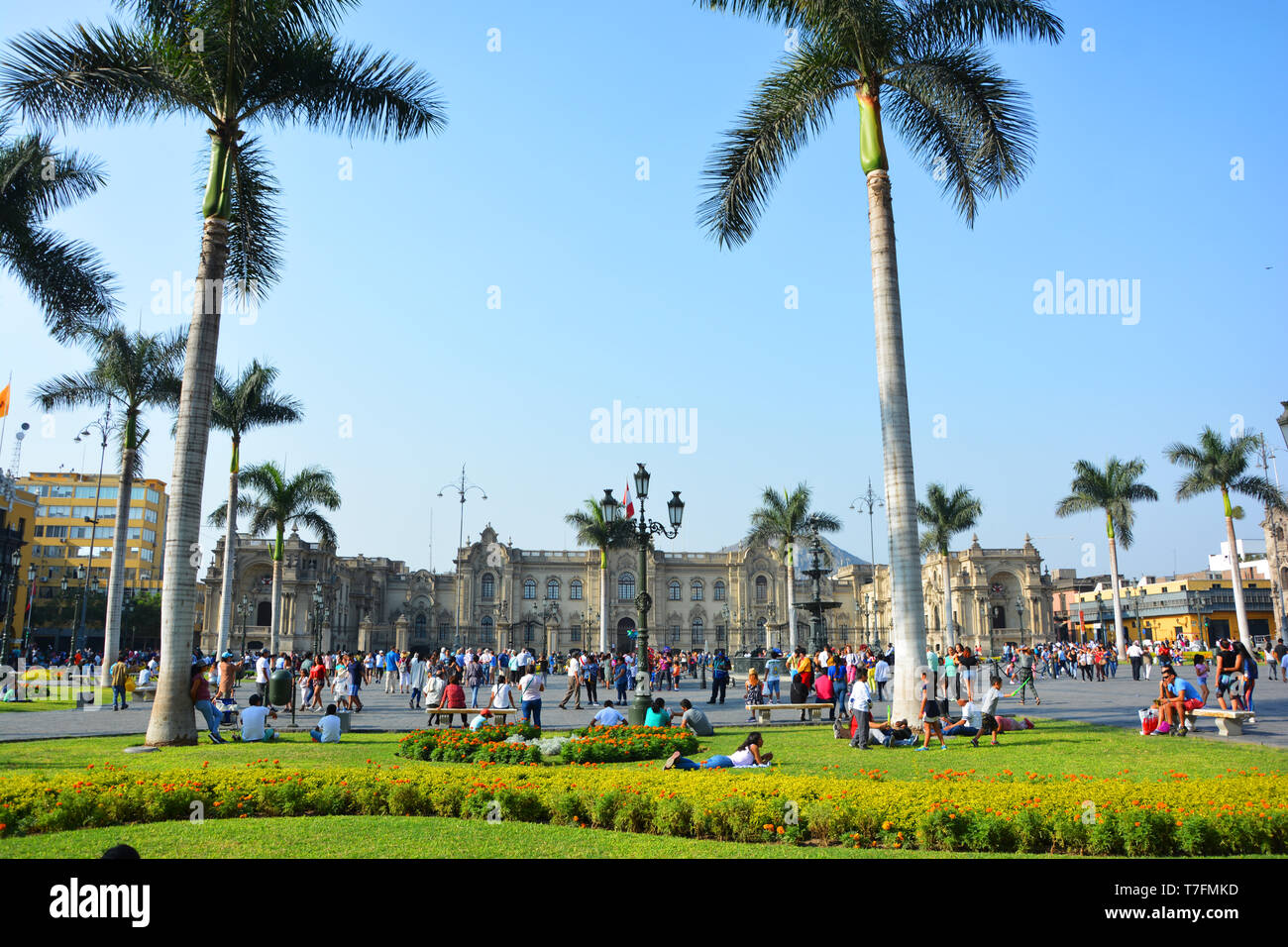 Lima Peru with al his old Spanish colonial buildings and the Plaza de armas with the government palace Stock Photo