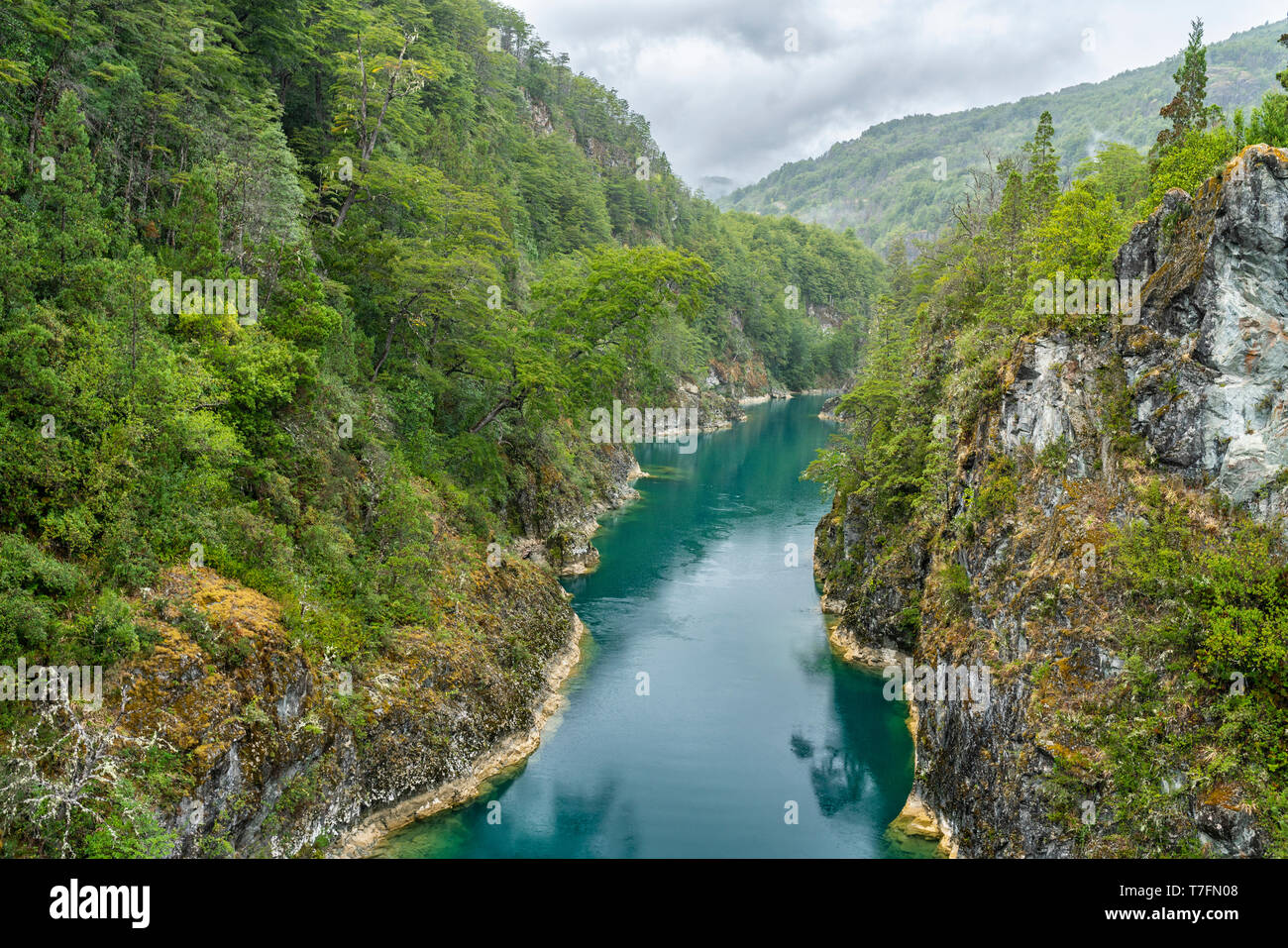 An amazing landscape at north Chilean Patagonia, Puelo river moves around the narrow gorge with its turquoise waters on an awe idyllic  environment Stock Photo