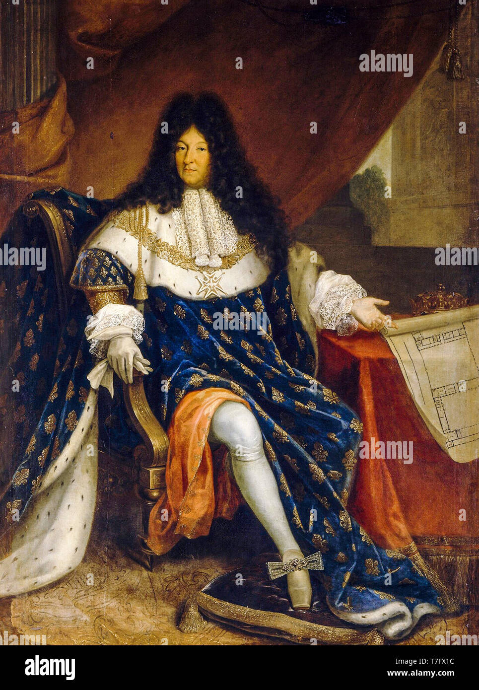 Portrait of Louis XIV of France (1638-1715) holding the plan of the royal house of Saint-Cyr, dressed in coronation robes, Nicolas-René Jollain, 18th Century Stock Photo