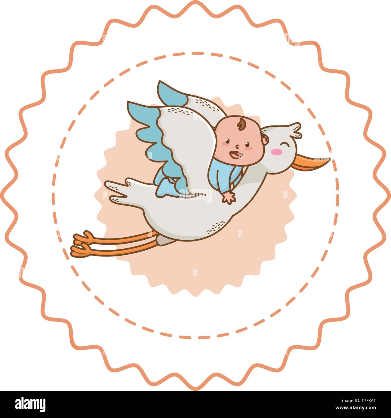 Baby shower stork flying with baby cartoons in round label stamp vector ...