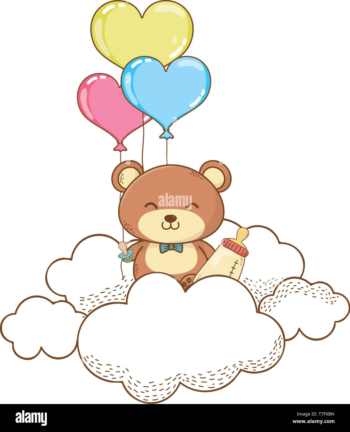 Baby Shower Teddy Holding Bottle On Clouds And Hearts Balloons Baby Shower Teddy Holding Bottle On Clouds And Hearts Balloons